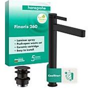 Mitigeur monocommande Hansgrohe Finoris mitigeur lavabo 76072670 avec bouton-poussoir garniture de vidange , saillie 208 mm, noir mat