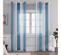 MIULEE Voilages Rayures Blanc et Bleu a Oeillets Lot de 2 140x260 cm | Voilage semi-transparent a rayures pour salon, chambre et petites fenetres.
