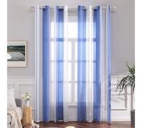 MIULEE Voilages Rayures Blanc et Bleu Ciel a Oeillets Lot de 2 140x260 cm | Voilage semi-transparent a rayures pour salon, chambre et petites fenetres.