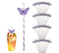 MIUPOO Lot de 40 pailles en papier, motif de papillons 3D, violettes, biodégradables, pour boissons froides, en papier, violet