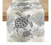 Miuyunya Chemin de Table Beige Moderne Été Centre de Table Decorative Élégamment Étoile de Mer Tortues Océan Exterieur Impermeable Lavable Lin Décoration pour Fête Manger Vacances 40 x 100 cm