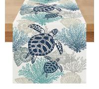 Miuyunya Chemin de Table Bleu Moderne Été Centre de Table Decorative Élégamment Étoile de Mer Tortues Océan Exterieur Impermeable Lavable Lin Décoration pour Fête Manger Vacances 40 x 240 cm