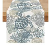 Miuyunya Chemin de Table Bleu Moderne Été Centre de Table Decorative Élégamment Étoile de Mer Tortues Océan Exterieur Impermeable Lavable Lin Décoration pour Fête Manger Vacances 40 x 140 cm