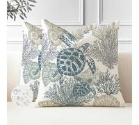 Miuyunya Housse de Coussin Océan 50 x 50 Taie d'oreiller Lot de 2 Tortue Hippocampe Housse Coussin en Polyester Exterieur Impermeable Coussin Decoratif Canape Carré pour Patio Jardin (Bleu)
