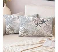 Miuyunya Lot de 2 Housse Coussin Exterieur Impermeable 30x50 cm Bleu Moderne Housse de Coussin en Polyester Océan D'étoile de Mer Coquille Corail Taie d'oreiller Été Printemps pour Jardin Balcon