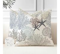 Miuyunya Lot de 2 Housse Coussin Exterieur Impermeable 50x50 cm Bleu Moderne Housse de Coussin en Polyester Océan D'étoile de Mer Coquille Corail Taie d'oreiller Été Printemps pour Jardin Balcon