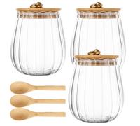 MIVIDE Bocaux en Verre avec Couvercle et Cuillère 650 ml, 3pcs | Bocaux de Conservation en Verres Hermétique, Pot en Verre avec Couvercle Bois pour Biscuits, Bonbons, Céréales, Fruits Secs