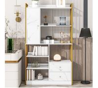 MIVRAY Bibliothèque de Rangement avec 6 Niches, Portes et Tiroirs, pour Salon ou Bureau, en Panneaux de Particules, Blanc et Doré