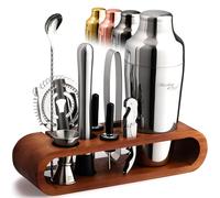 Mixology & Craft Ensemble shaker à cocktail avec support en bambou foncé - Kit professionnel de barman 10 pièces - Ensemble complet de bar et kit mélangeur à cocktail pour la maison (argenté)