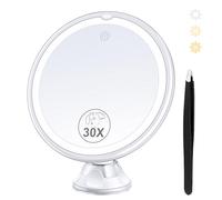 MIYADIVA Miroir Grossissant avec Lumière 30X, Miroir de Salle de Bain à Ventouse, 3 Modes de Couleurs et Luminosité Ajustable, Mirror pour Salle de Bain Mural Aucun Perçage Nécessaire de 20cm