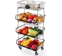 Miyawell Corbeille à Fruits à 4 Étages Paniers à Légumes à Fruits Paniers de Rangement Empilables en Métal avec Roues adapté à la Cuisine,Garde-manger,les Toilettes