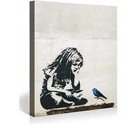 MJEDC Banksy Images sur toile Motif fille avec oiseau bleu Graffiti Street Art prête à l'emploi sur châssis Décoration murale XXL 30 x 40 cm