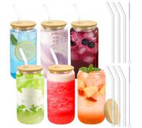 Mjuthy Lot de 6 Gobelets Verre avec Couvercle et Paille, 16oz Gobelet Paille pour Matcha, Tea, Cocktails, Café, Cocktails, Milkshake, Soda, Idéal pour Fêtes, Pique-nique et Usage Quotidien