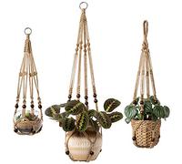 Mkouo Lot de 3 suspensions macramé pour plantes - Porte-plantes d'intérieur - Panier à plantes suspendu - Support de pot de fleurs suspendu - Corde de jute avec perles sans glands - Corde de jute