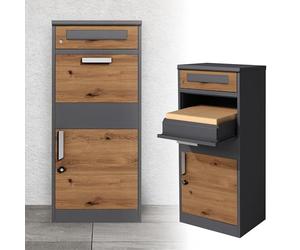 ML-Design Boîte aux Lettres pour Colis, Acier Galvanisé, Anthracite/Brun Aspect Chêne, 50x112x37cm, sur Pied, Verrouillable avec 2 Clés, Boîte Postale Moderne, Autoportant, Fente pour Lettres/Paquets