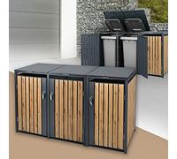 ML-Design Box pour 3 Poubelles, 240L, 200x80x116,3 cm, en Acier, Anthracite/Aspect Chêne, Résistant aux Intempéries, Habillage de Poubelle avec Couvercle Rabattable/3 Portes, Conteneur Abri Hangar