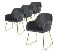 ML-Design Set de 4 Chaises de Salle à Manger, Gris, Assise Rembourrée en Velours, Pieds Dorés en Métal, avec Dossier et Accoudoirs Ergonomiques, Fauteuil Moderne de Salon Bureau Chambre Cuisine