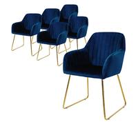 ML-Design Set de 6 Chaises de Salle à Manger, Bleu, Assise Rembourrée en Velours, Pieds Dorés en Métal, avec Dossier et Accoudoirs Ergonomiques, Fauteuil Moderne de Salon Bureau Chambre Cuisine