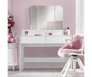 ML-Design Coiffeuse avec Miroir Rabattable en 3 pièces et 2 Tiroirs, 100x40x140 cm, Blanc, Moderne, Table de Maquillage avec 3 Compartiments de Rangement Ouverts, Commode Coiffage Make-Up Cosmétiques