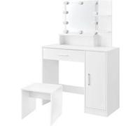 ML-Design Coiffeuse blanche avec guirlande lumineuse LED miroir et tabouret 1 tiroir 3 compartiments de rangement 90x38x137 cm table de toilette meuble maquillage commode cosmétiques en bois MDF Weiß 