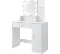 ML-Design Coiffeuse blanche avec guirlande lumineuse LED miroir tiroir et 3 compartiments de rangement 90x38x137 cm table de toilette meuble de maquillage commode cosmétiques femmes filles en bois MDF