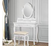 ML-Design Coiffeuse Table de Maquillage Blanc avec Tabouret, Miroir et 4 Tiroirs, 75x139x40 cm, Table de Toilette en Bois MDF, Table de Cosmétique Style Maison de Campagne pour Femmes et Filles