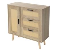 ML-Design Commode avec 1 Porte et 3 Tiroirs, 74x76x30 cm, Aspect Chêne, Buffet avec Façade en Rotin et Pieds en Bois Massif, Armoire Meuble de Rangement pour Salon Entrée Chambre à Coucher Couloir