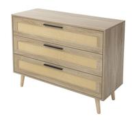 ML-Design Commode Rustique avec 3 Tiroirs, 100x77x40 cm, Aspect Chêne, Armoire avec Façade en Rotin, Meuble d'Appoint Buffet Salon