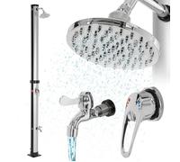 ML-Design Douche Solaire 20L 210cm Ronde avec Douche de Pied et Pommeau de Douche à Effet Pluie, Argent/Noir, Eau Chaude, jusqu'à 60°C sans Branchement Électrique, avec Raccord pour Tuyau d'Arrosage