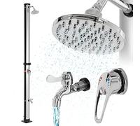 ML-Design Douche Solaire 20L 210cm Ronde avec Douche de Pied et Pommeau de Douche à Effet Pluie, Argent/Noir, Eau Chaude, jusqu'à 60°C sans Branchement Électrique, avec Raccord pour Tuyau d'Arrosage