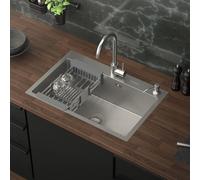 ML-Design Évier de Cuisine, 68 x 45 cm, avec Vidage, Distributeur de Savon et Panier-Égouttoir, en Acier Inoxydable, Argent, Évier avec Bassin, Montage à Poser ou à Encastrer, Lavabo Évier Domestique