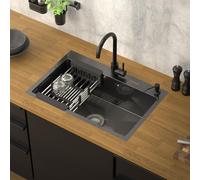 ML-Design Évier de Cuisine, 68x45cm, avec Vidage, Distributeur de Savon et Panier-Égouttoir, en Acier Inoxydable, Anthracite, Évier avec Bassin, Montage à Poser ou à Encastrer, Lavabo Évier Domestique