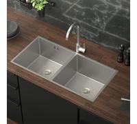 ML-Design Évier Double en Acier Inoxydable, 81,5 x 40 cm, Argenté, avec Vidage et Trop-Plein, Bassin à Encastrer Sous Plan, Rectangulaire, 2 Bacs avec Siphon, Lavabo Encastrable Inox, Cuve Double