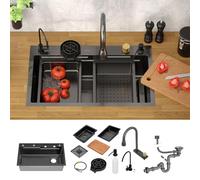 ML-Design Évier Multifonction Inox 75x46 cm Anthracite, Évier de Cuisine Encastré Rectangulaire, avec Robinet avec Douchette Extractible Distributeur de Savon et Autres Accessoires, 1 Bac Lavabo
