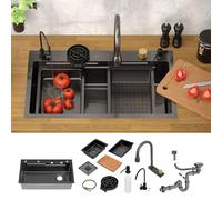 ML-Design Évier Multifonction Inox 80x46 cm Anthracite, Évier de Cuisine Encastré Rectangulaire, avec Robinet avec Douchette Extractible Distributeur de Savon et Autres Accessoires, 1 Bac Lavabo