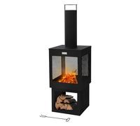 ML-Design Foyer de Jardin avec Cheminée, 128x40 cm, Noir, en Acier, Poêle de Terrasse Extérieur avec Tisonnier, Toit Amovible & Support à Bois, Brasero en Forme de Coupe/Panier à Feu pour Le Camping