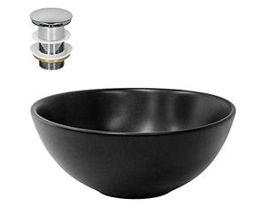 ML-Design Lavabo à Poser en Céramique Noir Mat, Ø 280 x 150 mm, Ronde, avec Bouchon de Vidange 1 1/4" Universel Push Open, Vasque Évier Lave-Mains pour Salle de Bain/WC invités, Design Minimaliste