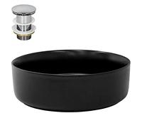 ML-Design Lavabo à Poser en Céramique Noir Mat, Ø 360 x 120 mm, Ronde, avec Bouchon de Vidange 1 1/4" Universel Push Open, Vasque Évier Lave-Mains pour Salle de Bain, Design Minimaliste
