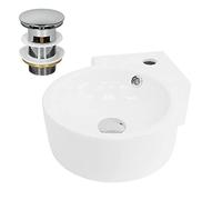 ML-Design Lavabo d'Angle en Céramique Blanc, 45x36x13 cm, Rond, avec Bouchon de Vidage Chrome en Laiton, Trop-Plein et Trou pour Robinet Inclus, Montage Mural ou à Poser, Vasque Lave-Mains Évier