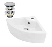 ML-Design Lavabo d'angle en Céramique Blanc, 46x33x13 cm, Angulaire, avec Bouchon de Vidage Chrome en Laiton, Trop-Plein et Trou pour Robinet Inclus, Montage Mural ou à Poser, Vasque Lave-Mains Évier