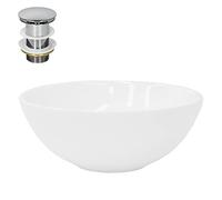 ML-Design Lavabo en Céramique Blanc Brillant, Ø 280 x 116 mm, Ronde, avec Bouchon de Vidange Push-Open en Laiton Chromé, Vasque à Poser Évier Lave-Mains pour la Salle de Bain Toilettes d'Invités