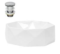 ML-Design Lavabo en Céramique Blanc Brillant, Ø 420 x 135 mm, Forme Diamant, avec Bouchon de Vidange en Laiton Chromé, Vasque à Poser Évier Lave-Mains pour la Salle de Bain Toilettes d'Invités