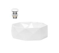 ML-Design Lavabo en Céramique Blanc Brillant Ø 42x13,5 cm avec Garniture de Vidage 1 1/4" Universelle sans Trop-Plein, Design Diamant, Vasque à Poser Moderne, Évier Lave-Mains Salle de Bains Toilettes