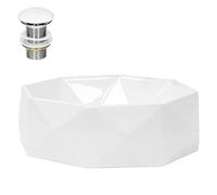 ML-Design Lavabo en Céramique Blanc Brillant Ø 42x13,5 cm avec Garniture de Vidage 1 1/4" Universelle sans Trop-Plein, Design Diamant, Vasque à Poser Moderne, Évier Lave-Mains Salle de Bains Toilettes