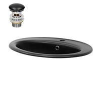 ML-Design Lavabo en Céramique Noir 57x48,5x19,5 cm avec Garniture de Vidage 1 1/4" Universelle et Trop-Plein, Design Ovale, Vasque Encastrer Moderne, Évier Lave-Mains pour Salle de Bain et Toilettes