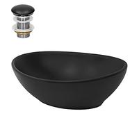 ML-Design Lavabo en Céramique Noir Mat, 41x33,5x14,5 cm, Vasque à Poser Ovale, Moderne, Cuvette avec Bouchon de Vidange sans Trop-Plein Inclus, Lave-Mains Comptoir Élégant, Évier pour Salle de Bain/WC