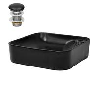 ML-Design Lavabo en Céramique Noir Mat 43x43x12 cm avec Garniture de Vidage 1 1/4" Universelle, Coins Arrondis, Vasque á Poser Moderne, Évier Lave-Mains pour Salle de Bain, Toilettes et WC Invités