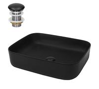 ML-Design Lavabo en Céramique Noir Mat, 51x40,5x13,5 cm, Vasque à Poser Carré, Moderne, Cuvette avec Bouchon de Vidange sans Trop-Plein Inclus, Lave-Mains Comptoir Élégant, Évier pour Salle de Bain/WC