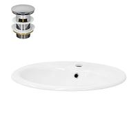 ML-Design Lavabo Encastré en Céramique, 570 x 195 x 485 mm, Blanc Brillant, Ovale, avec Bouchon de Vidange en Laiton Chromé, Vasque Lave-Mains Évier à Encastrer avec Trop-Plein et Trou pour Robinet