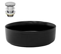 ML-Design Lavabo à Poser en Céramique Noir Mat, Ø 360 x 120 mm, Ronde, avec Bouchon de Vidange 1 1/4" Universel Push Open, Vasque Évier Lave-Mains pour Salle de Bain, Design Minimaliste